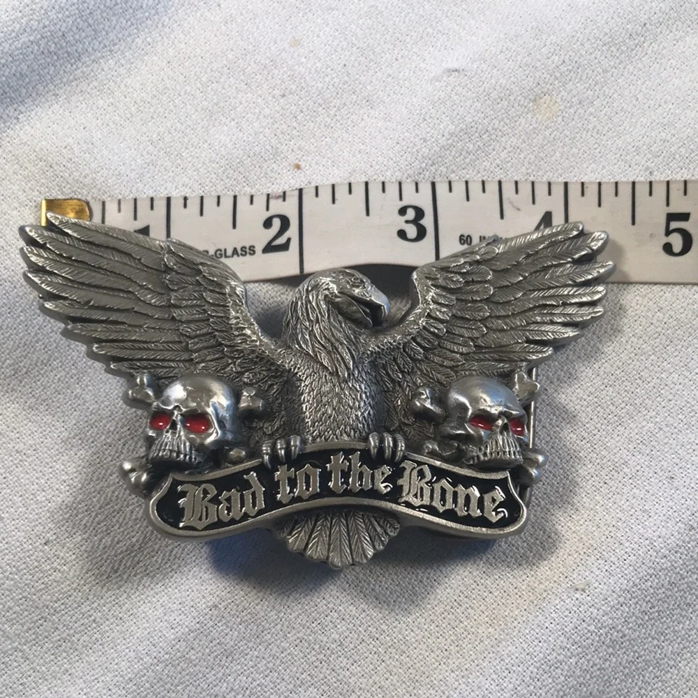 Vintage 1991 Biker Gothic Silver-toned Metal “Bad to the Bone” Belt Buckle